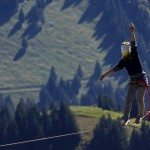 Ross of Austria walks blindfolded on the line during the Highline Extreme event in Moleson